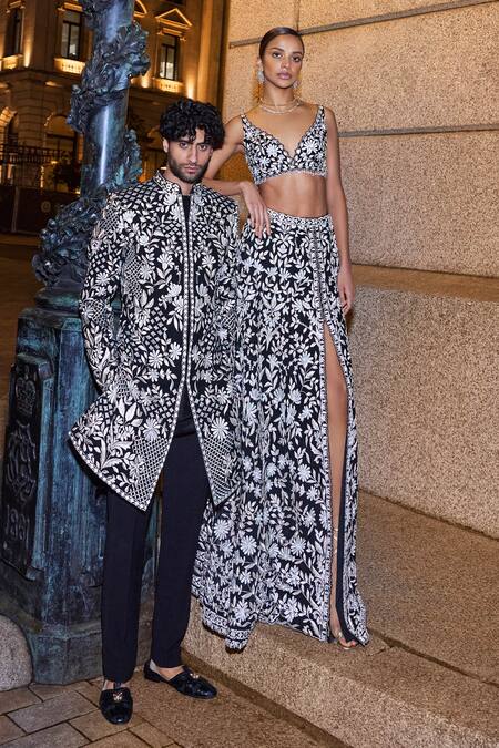 Shop Seema Gujral Black Net Sequins, Crystals, Beads Plunge Leaf Vine Embroidered Slit Skirt Set Online at Aza Fashions Shop_Seema Gujral_Black Net Sequins, Crystals, Beads Plunge Leaf Vine Embroidered Slit Skirt Set _Online_at_Aza_Fashions