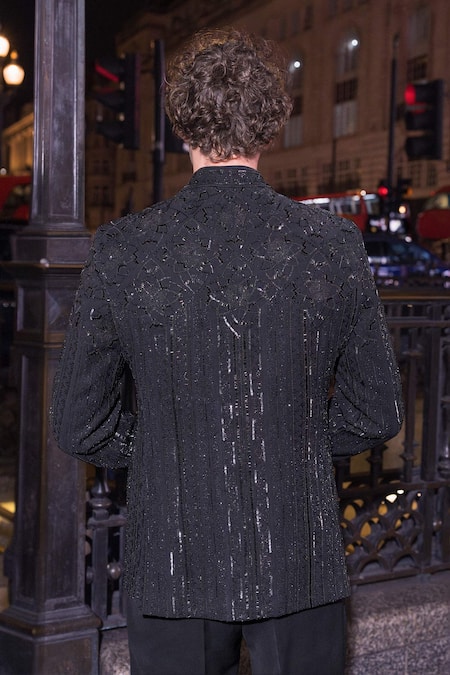 Shop_Seema Gujral_Black Cotton Beads Embroidered Bandhgala And Pant Set _at_Aza_Fashions