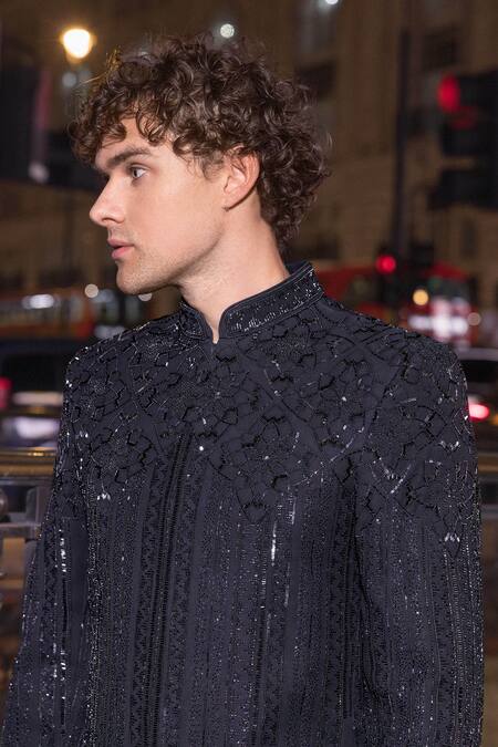 Buy_Seema Gujral_Black Cotton Beads Embroidered Bandhgala And Pant Set _Online_at_Aza_Fashions