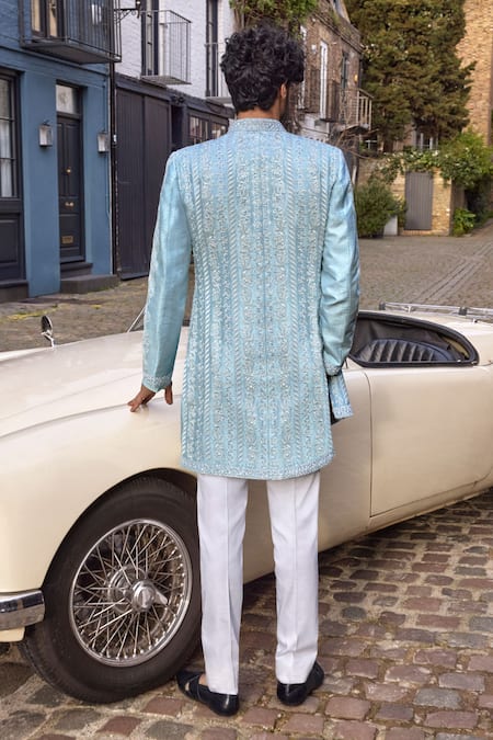 Seema Gujral_Blue Silk Pearls, Embroidery Sherwani And Kurta Set _Online_at_Aza_Fashions