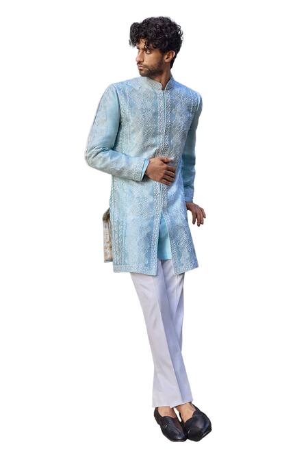 Buy_Seema Gujral_Blue Silk Pearls, Embroidery Sherwani And Kurta Set _Online_at_Aza_Fashions