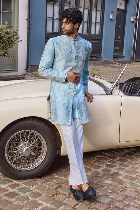 Seema Gujral_Blue Silk Pearls, Embroidery Sherwani And Kurta Set _at_Aza_Fashions