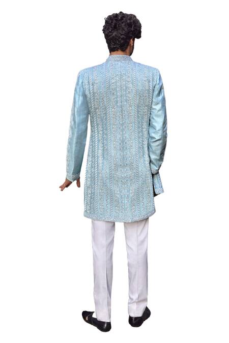 Buy_Seema Gujral_Blue Silk Pearls, Embroidery Sherwani And Kurta Set 