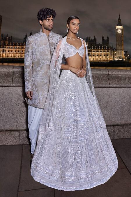 Seema Gujral_Beige Silk, Rayon Applique, Embroidery Floral Sherwani Set_Online_at_Aza_Fashions