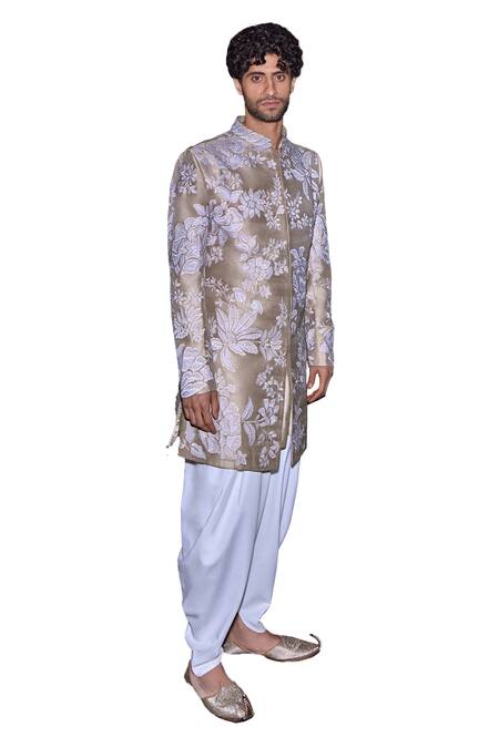 Buy_Seema Gujral_Beige Silk, Rayon Applique, Embroidery Floral Sherwani Set_Online_at_Aza_Fashions
