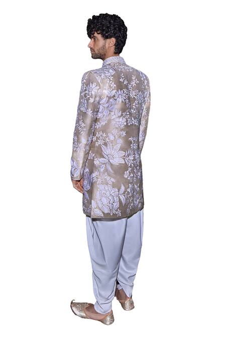 Shop_Seema Gujral_Beige Silk, Rayon Applique, Embroidery Floral Sherwani Set_Online_at_Aza_Fashions