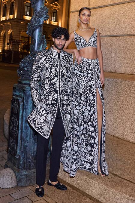 Buy Seema Gujral Black Silk Embroidery Floral Sherwani Set Online at Aza Fashions Buy_Seema Gujral_Black Silk Embroidery Floral Sherwani Set _Online_at_Aza_Fashions