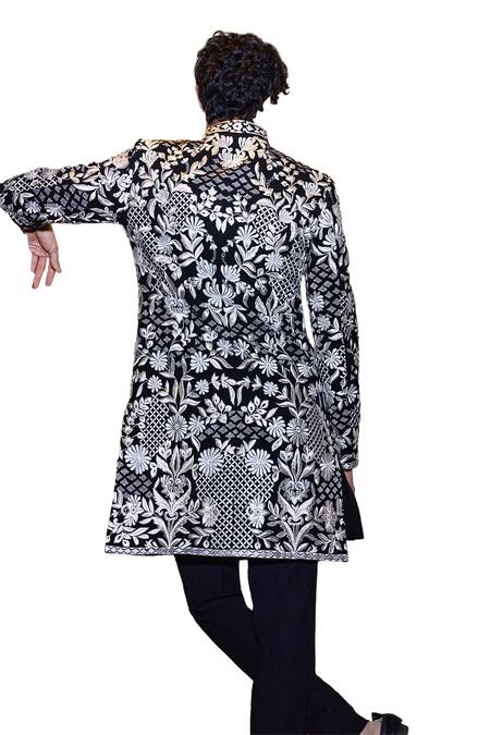 Shop Seema Gujral Black Silk Embroidery Floral Sherwani Set Online at Aza Fashions Shop_Seema Gujral_Black Silk Embroidery Floral Sherwani Set _Online_at_Aza_Fashions