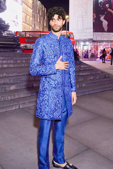 Seema Gujral_Blue Silk Embroidery Thread Sherwani Set _Online_at_Aza_Fashions