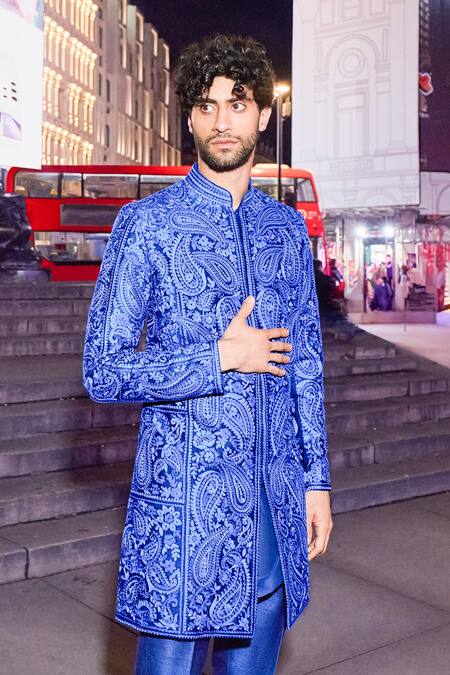 Buy_Seema Gujral_Blue Silk Embroidery Thread Sherwani Set _Online_at_Aza_Fashions