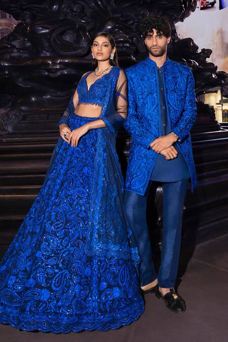 Shop_Seema Gujral_Blue Silk Embroidery Thread Sherwani Set _Online_at_Aza_Fashions