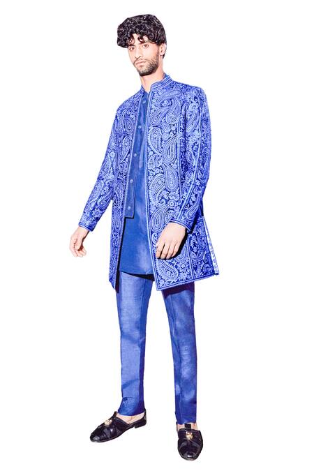Buy_Seema Gujral_Blue Silk Embroidery Thread Sherwani Set 