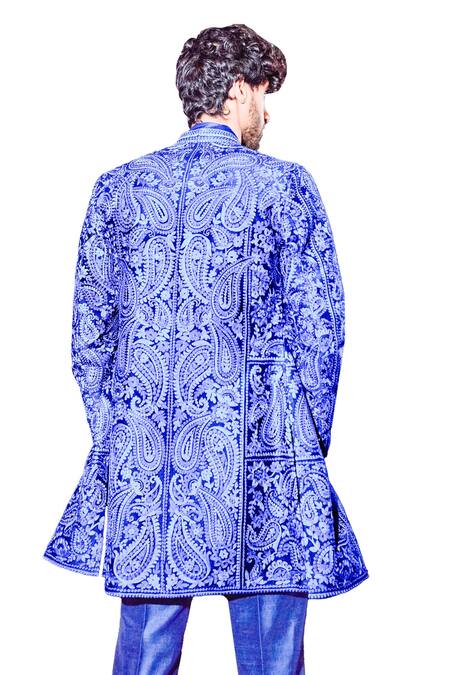 Shop_Seema Gujral_Blue Silk Embroidery Thread Sherwani Set 