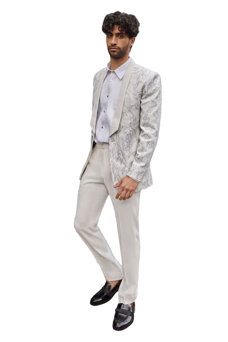 Buy_Seema Gujral_Ivory Satin Metallic Thread Abstract Embroidered Tuxedo Pant Set _Online_at_Aza_Fashions
