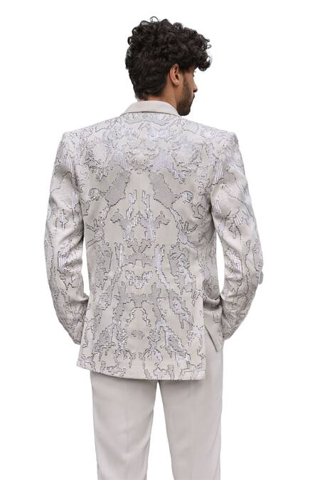 Shop_Seema Gujral_Ivory Satin Metallic Thread Abstract Embroidered Tuxedo Pant Set _Online_at_Aza_Fashions