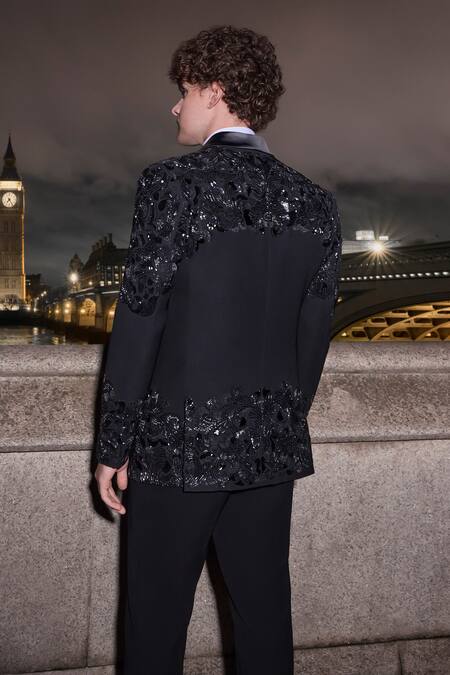 Shop_Seema Gujral_Black Satin Embroidered Bugle Beads Tuxedo Pant Set _at_Aza_Fashions