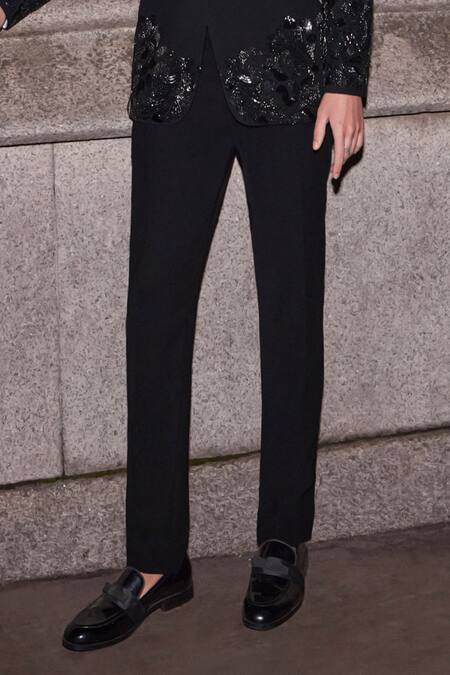 Buy_Seema Gujral_Black Satin Embroidered Bugle Beads Tuxedo Pant Set _Online_at_Aza_Fashions