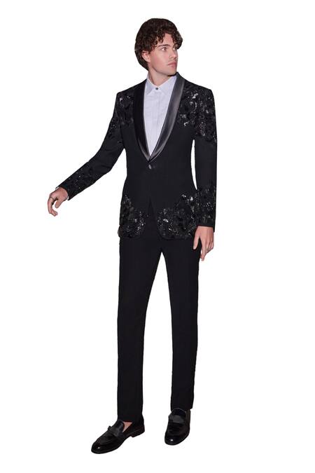 Shop_Seema Gujral_Black Satin Embroidered Bugle Beads Tuxedo Pant Set _Online_at_Aza_Fashions