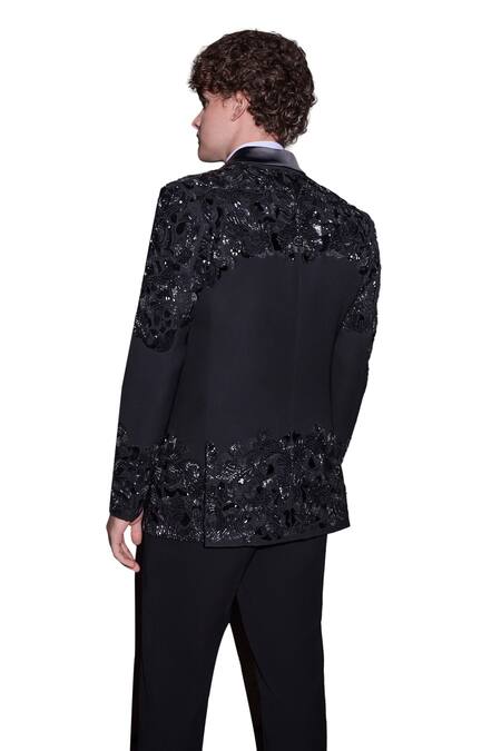 Seema Gujral_Black Satin Embroidered Bugle Beads Tuxedo Pant Set _at_Aza_Fashions