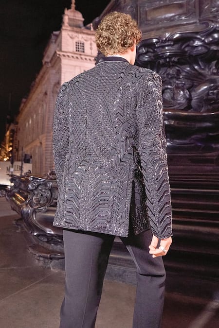 Shop_Seema Gujral_Black Satin Beads Embellished Tuxedo Pant Set _at_Aza_Fashions