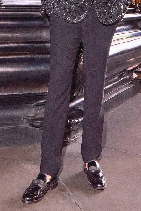 Seema Gujral_Black Satin Beads Embellished Tuxedo Pant Set _Online_at_Aza_Fashions