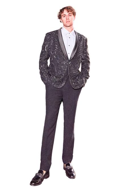 Buy_Seema Gujral_Black Satin Beads Embellished Tuxedo Pant Set _Online_at_Aza_Fashions