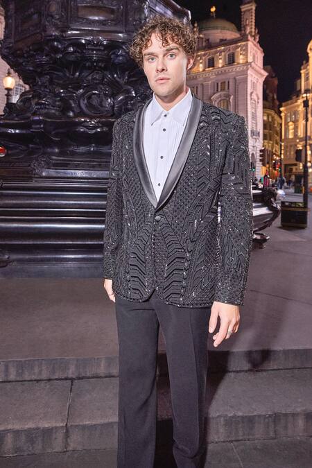 Shop_Seema Gujral_Black Satin Beads Embellished Tuxedo Pant Set _Online_at_Aza_Fashions