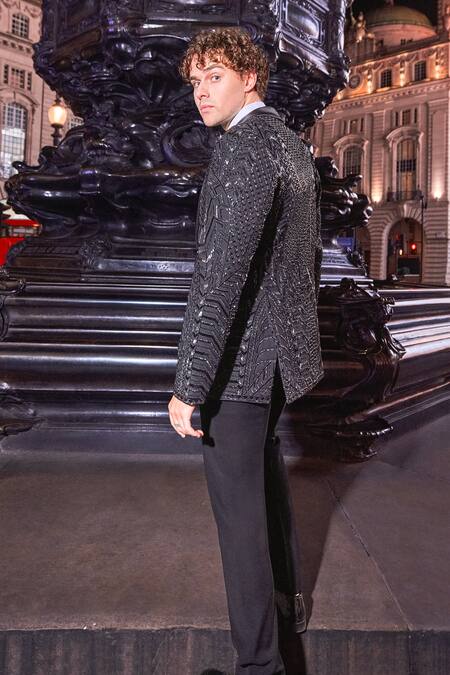 Seema Gujral_Black Satin Beads Embellished Tuxedo Pant Set _at_Aza_Fashions