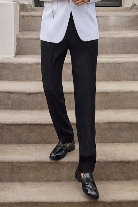 Seema Gujral_Ivory Satin Embroidery Linear Waterfall Tuxedo Pant Set _Online_at_Aza_Fashions