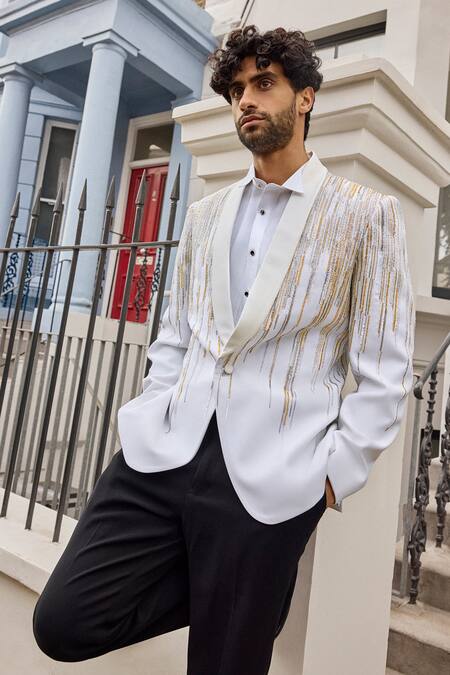 Shop_Seema Gujral_Ivory Satin Embroidery Linear Waterfall Tuxedo Pant Set _Online_at_Aza_Fashions