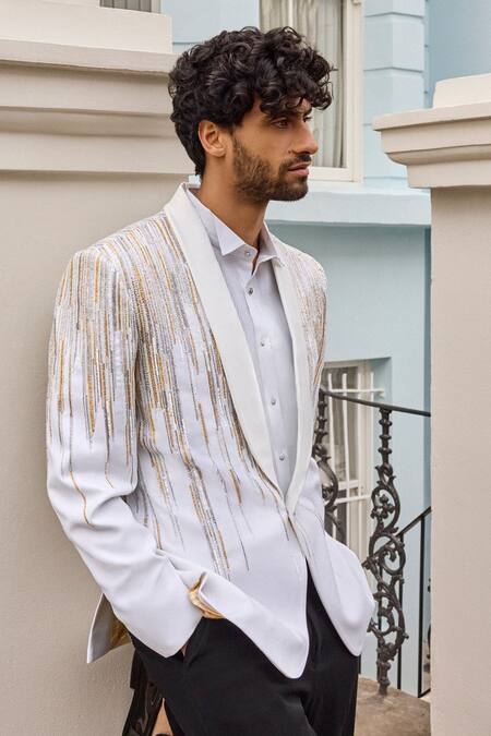 Seema Gujral_Ivory Satin Embroidery Linear Waterfall Tuxedo Pant Set _at_Aza_Fashions