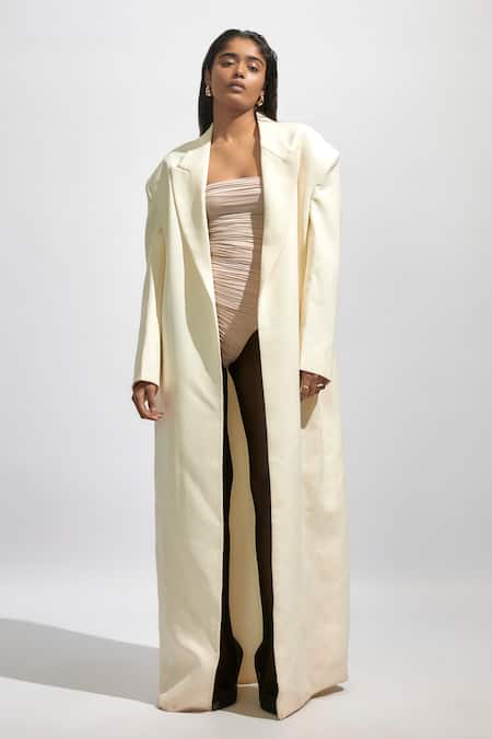 Deme By Gabriella Off White Lycra Solid Lapel Collared Trench Coat 