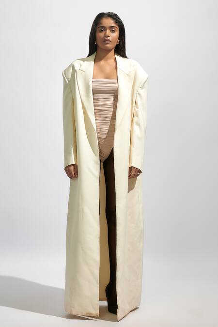 Buy Deme By Gabriella Off White Lycra Solid Lapel Collared Trench Coat Buy_Deme By Gabriella_Off White Lycra Solid Lapel Collared Trench Coat