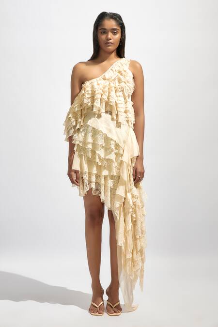 Buy Deme By Gabriella Yellow Chiffon, Lace One Shoulder Solid Ruffled Dress Online at Aza Fashions Buy_Deme By Gabriella_Yellow Chiffon, Lace One Shoulder Solid Ruffled Dress _Online_at_Aza_Fashions