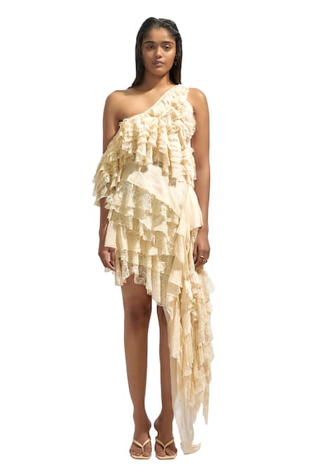 Deme By Gabriella Yellow Chiffon, Lace One Shoulder Solid Ruffled Dress at Aza Fashions Deme By Gabriella_Yellow Chiffon, Lace One Shoulder Solid Ruffled Dress _at_Aza_Fashions