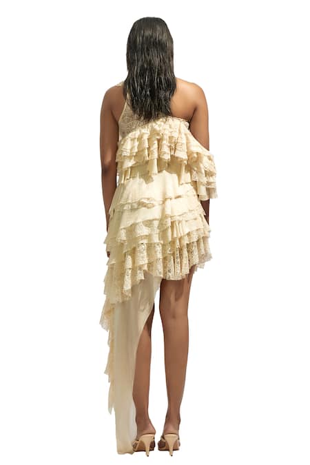 Buy Deme By Gabriella Yellow Chiffon, Lace One Shoulder Solid Ruffled Dress Buy_Deme By Gabriella_Yellow Chiffon, Lace One Shoulder Solid Ruffled Dress