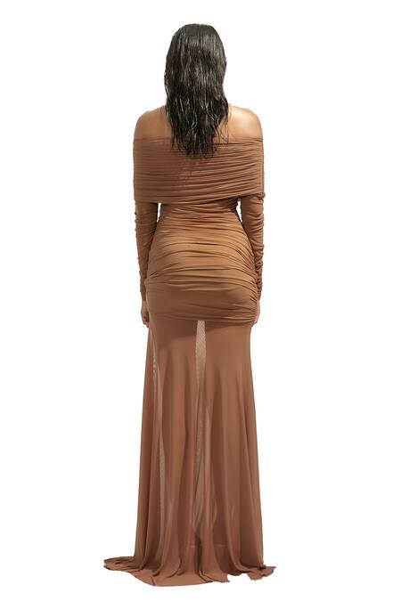 Buy Deme By Gabriella Beige Net Off-shoulder Solid Ruched Dress Online at Aza Fashions Buy_Deme By Gabriella_Beige Net Off-shoulder Solid Ruched Dress _Online_at_Aza_Fashions