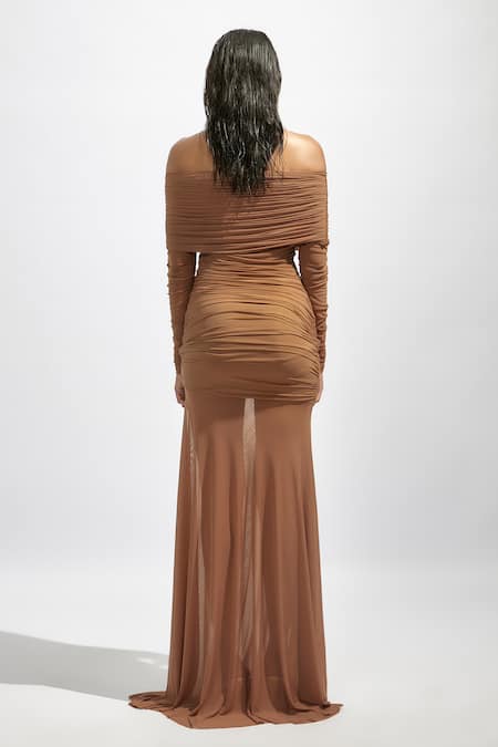 Deme By Gabriella Beige Net Off-shoulder Solid Ruched Dress Online at Aza Fashions Deme By Gabriella_Beige Net Off-shoulder Solid Ruched Dress _Online_at_Aza_Fashions