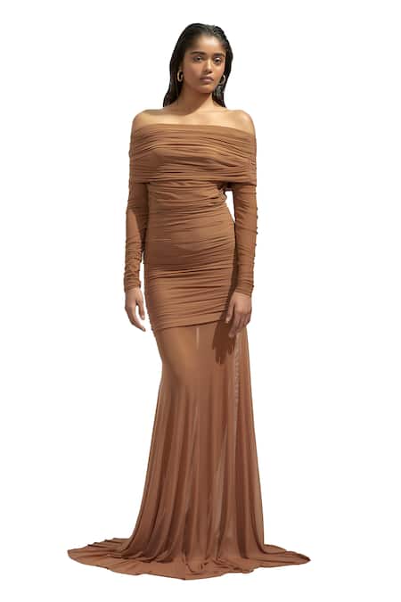 Shop Deme By Gabriella Beige Net Off-shoulder Solid Ruched Dress Online at Aza Fashions Shop_Deme By Gabriella_Beige Net Off-shoulder Solid Ruched Dress _Online_at_Aza_Fashions