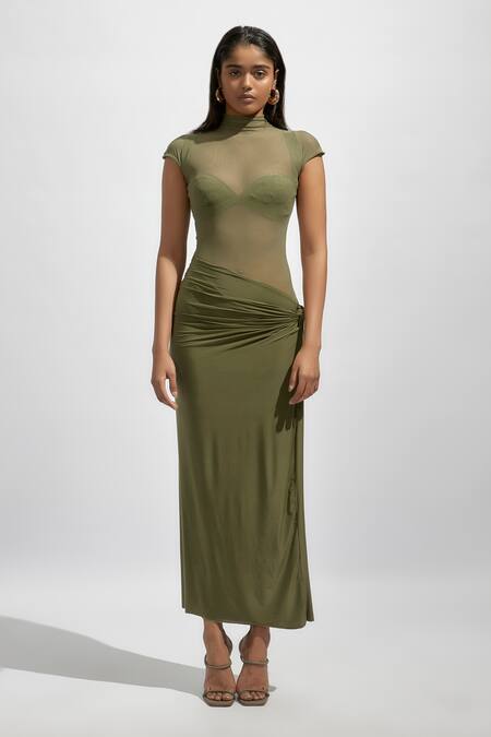 Deme By Gabriella Green Net, Modal, Lycra High Neck Solid Knotted Dress at Aza Fashions Deme By Gabriella_Green Net, Modal, Lycra High Neck Solid Knotted Dress _at_Aza_Fashions