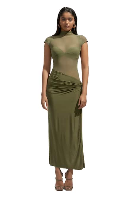 Buy Deme By Gabriella Green Net, Modal, Lycra High Neck Solid Knotted Dress Buy_Deme By Gabriella_Green Net, Modal, Lycra High Neck Solid Knotted Dress