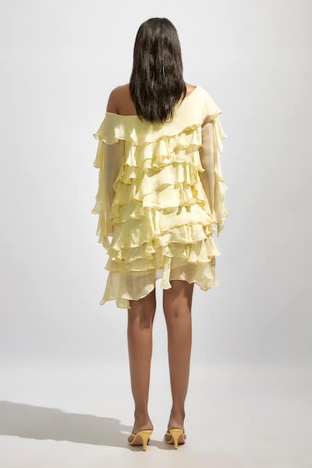 Deme By Gabriella Yellow Chiffon Ruffles Asymmetric Solid One-shoulder Short Dress Online at Aza Fashions Deme By Gabriella_Yellow Chiffon Ruffles Asymmetric Solid One-shoulder Short Dress _Online_at_Aza_Fashions