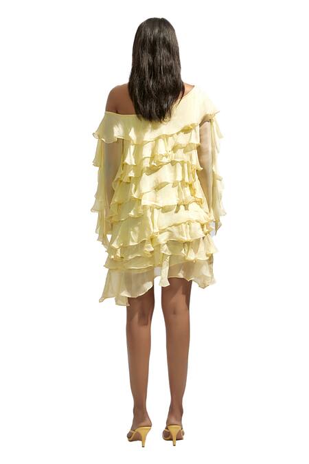 Buy Deme By Gabriella Yellow Chiffon Ruffles Asymmetric Solid One-shoulder Short Dress Online at Aza Fashions Buy_Deme By Gabriella_Yellow Chiffon Ruffles Asymmetric Solid One-shoulder Short Dress _Online_at_Aza_Fashions