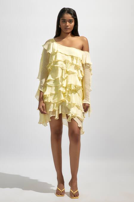 Shop Deme By Gabriella Yellow Chiffon Ruffles Asymmetric Solid One-shoulder Short Dress Online at Aza Fashions Shop_Deme By Gabriella_Yellow Chiffon Ruffles Asymmetric Solid One-shoulder Short Dress _Online_at_Aza_Fashions