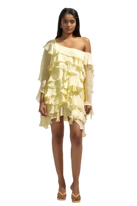 Deme By Gabriella Yellow Chiffon Ruffles Asymmetric Solid One-shoulder Short Dress at Aza Fashions Deme By Gabriella_Yellow Chiffon Ruffles Asymmetric Solid One-shoulder Short Dress _at_Aza_Fashions