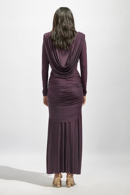 Deme By Gabriella Purple Lycra Cowl Neck Solid Draped Dress Online at Aza Fashions Deme By Gabriella_Purple Lycra Cowl Neck Solid Draped Dress _Online_at_Aza_Fashions