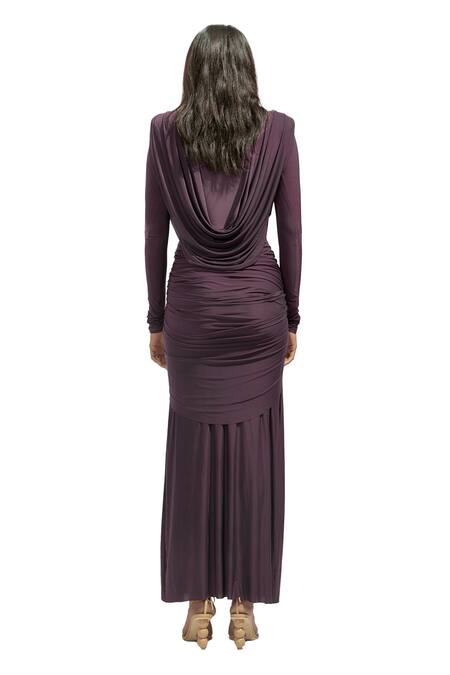 Buy Deme By Gabriella Purple Lycra Cowl Neck Solid Draped Dress Online at Aza Fashions Buy_Deme By Gabriella_Purple Lycra Cowl Neck Solid Draped Dress _Online_at_Aza_Fashions