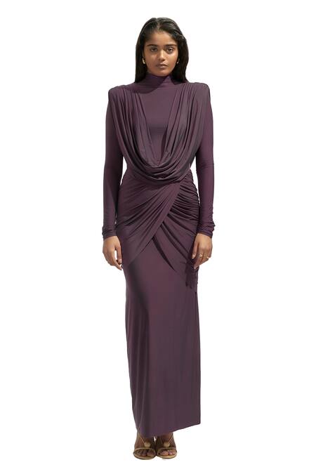 Shop Deme By Gabriella Purple Lycra Cowl Neck Solid Draped Dress Online at Aza Fashions Shop_Deme By Gabriella_Purple Lycra Cowl Neck Solid Draped Dress _Online_at_Aza_Fashions