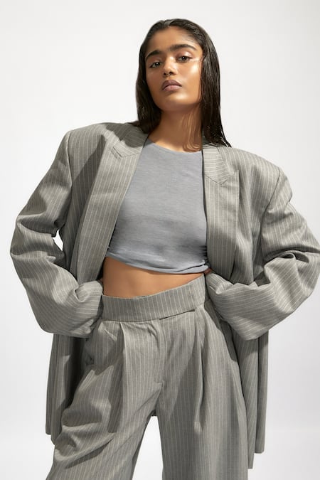 Deme by Gabriella Grey Suiting And Jersey Solid Boat Neck Crop Top 