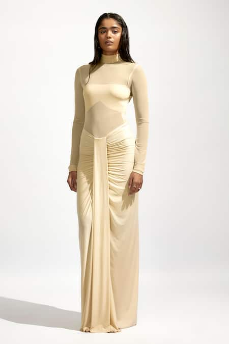 Deme by Gabriella Solid Ruched Draped Maxi Dress 